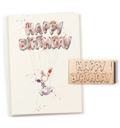 Stamp Happy Birthday balloon lettering - cats on appletrees