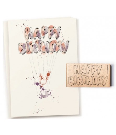 Stamp Happy Birthday balloon lettering - cats on appletrees